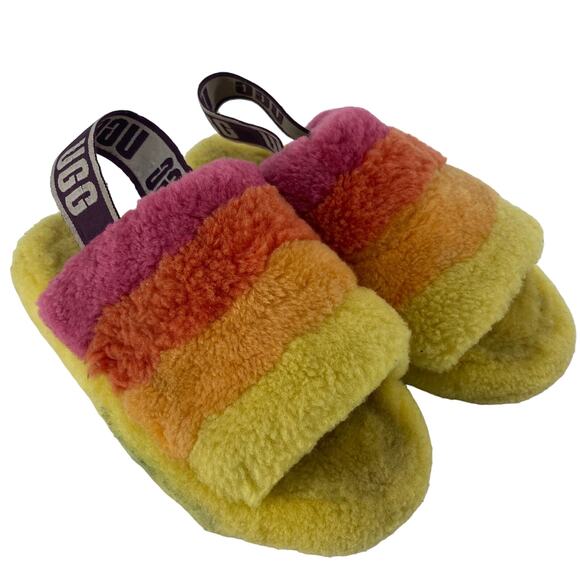 UGG WOMEN 5 FLUFF YEAH SLIDE PRIDE RAINBOW YELLOW SHEEPSKIN  SLIPPERS SANDAL - Picture 1 of 6